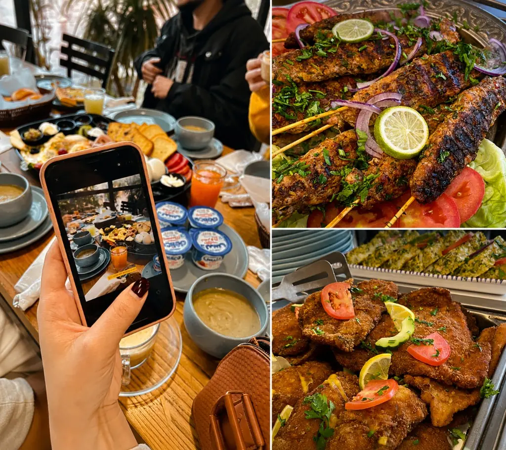 Collage Just In Time — brunch en photo, brochettes et escalopes dorées